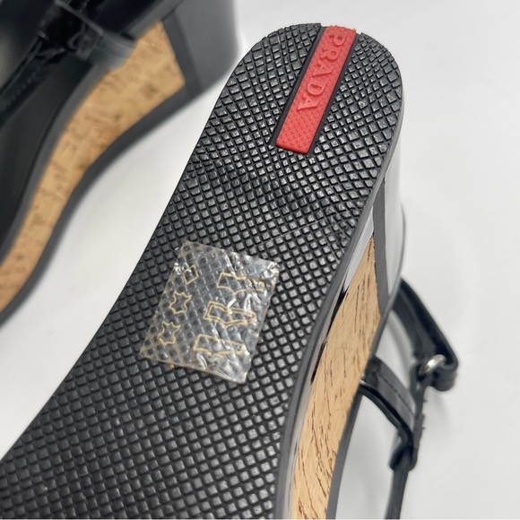 NEW AUTH PRADA SPORT ROSA LINEA 38 8 CORK PLATFORM PATENT THONG SANDAL BLACK NIB - Picture 4 of 11